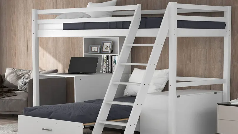 Uma imagem de uma cama loft branca.