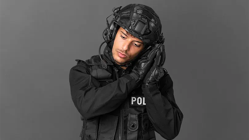 Uma imagem de um homem com um uniforme da polícia SWAT.