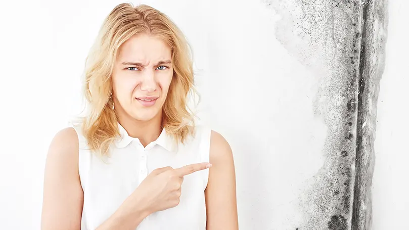 An image of a woman showing water & mould marks on wall.