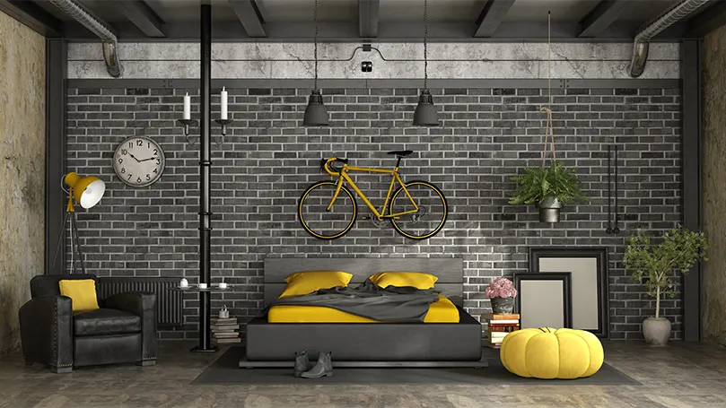 An image of a rustic bedroom with a brick wall