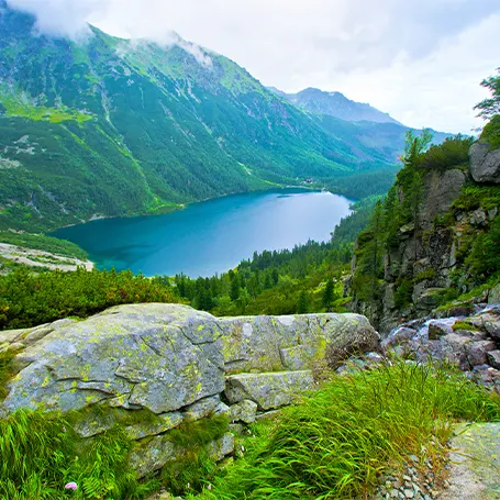 Uma imagem de uma paisagem com montanhas e um lago à distância