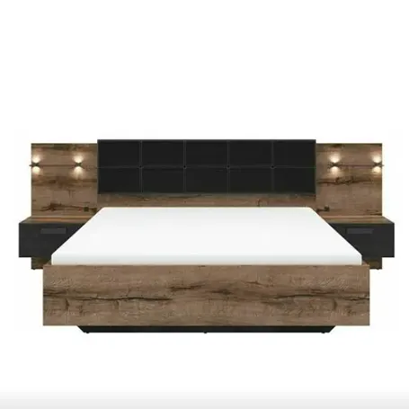 uma imagem de produto de Cama king size de luxo Euro Frame Cabeceira almofadada Luz LED USB Cahrges Armários de cabeceira Carvalho Preto Kassel