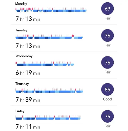 Captura de ecrã da interface do rastreador de sono fitbit